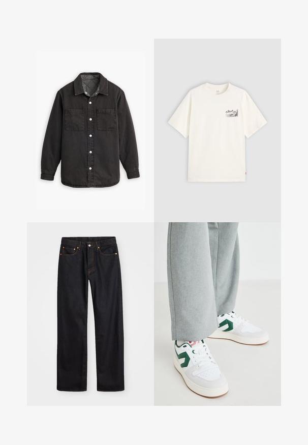 Camicia di jeans nera con fodera interna a quadri, due tasche sul petto e chiusure con bottoni argentati. Presenta un colletto classico e maniche lunghe.; T-shirt bianco a maniche corte in cotone, con una grafica nera sul lato sinistro del petto con la parola "Fresh."; Jeans neri in denim dritto da uomo con cinque tasche e cuciture arancioni, chiusura con bottone e zip sulla vita anteriore.; Sneaker bianchi e verdi realizzati in pelle liscia e suede, con un accento del logo verde ben in evidenza e lacci bianchi. Pantaloni grigi parzialmente visibili.