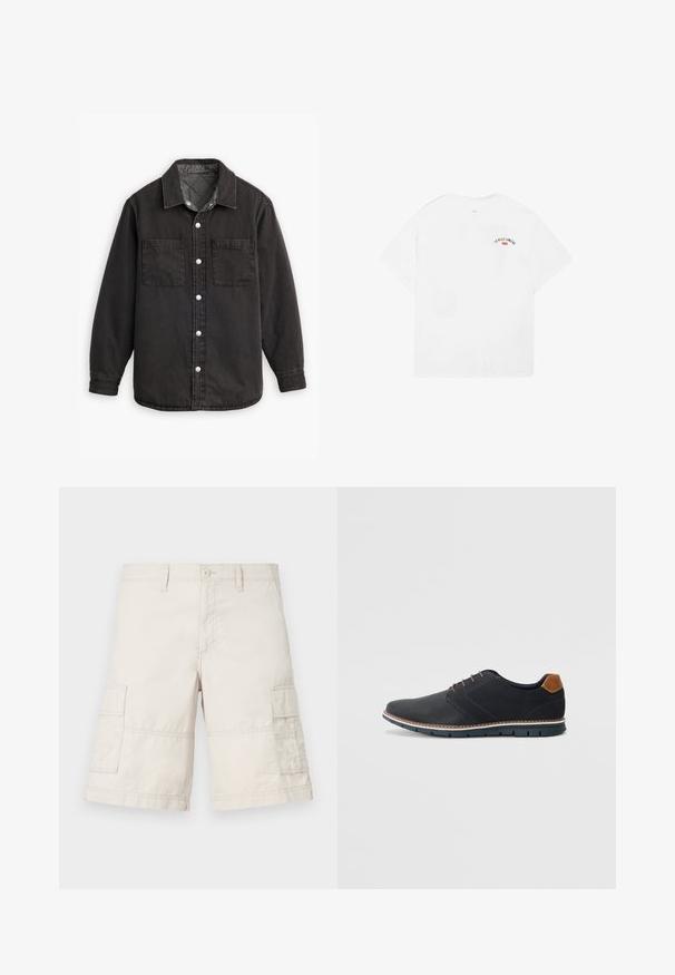 Black denim shirt with a checkered inner lining, two chest pockets, and silver button closures. Features a classic collar and long sleeves.; White cotton t-shirt with short sleeves, round neckline, and a small graphic reading “LA VILLE LUMIÈRE” in black and red on the upper back.; Beige cargo shorts made from lightweight cotton, featuring two side pockets, a front button closure, and stitch detailing.; Black synthetic shoes with a textured upper, smooth accents, brown heel, and a contrasting sole. Features minimal lacing and stitch details.
