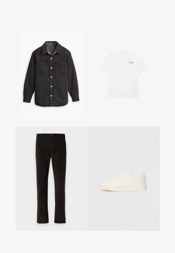 Mustapellava paita, jossa on ruudullinen vuori, kaksi rintataskua ja hopeiset nappisulkemiset. Ominaisuuksiin kuuluu klassinen kaulus ja pitkät hihat.; Valkoinen puuvillapaita, jossa on lyhyet hihat, pyöreä pääntie ja pieni graafinen teksti "LA VILLE LUMIÈRE" mustana ja punaisena yläselässä.; Musta sametihousut suorahkon lahkeen muotoilulla, joissa on yksi nappikiinnitys ja hienovarainen rakenne. Minimalistinen tyyli, jossa ei ole näkyviä kuvioita.; Valkoiset liukusukat, joissa on teksturoitu pinta, paksu pohja ja minimalistikot. Sivulla on brändin logo.