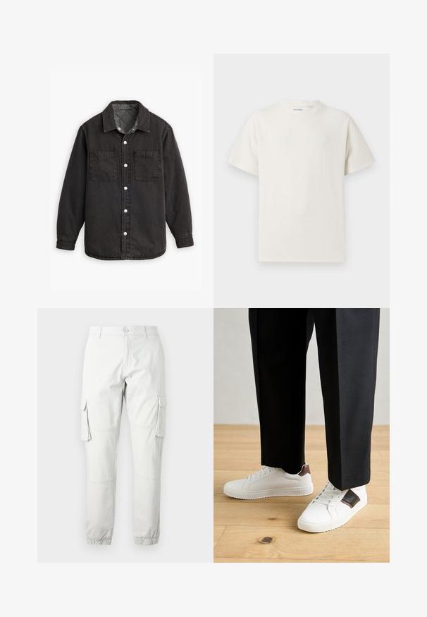 Schwarzes Jeanshemd mit kariertem Innenfutter, zwei Brusttaschen und silbernen Knopfverschlüssen. Besitzt einen klassischen Kragen und lange Ärmel.; Weißes T-Shirt mit kurzen Ärmeln in gerippter Textur. Runder Ausschnitt, lockere Passform, keine sichtbaren Muster oder Akzente. Einfaches und vielseitiges Design.; Helle graue Cargo-Hosen mit Seitentaschen, elastischen Knöchellöchern und einem Knopfverschluss. Hergestellt aus strapazierfähigem Stoff mit glatter Textur.; Weiße Sneakers mit glatter Textur, versehen mit braunen Lederakzenten und schwarzen Details, kombiniert mit schwarzen maßgeschneiderten Hosen. Hintergrund aus Holzboden.