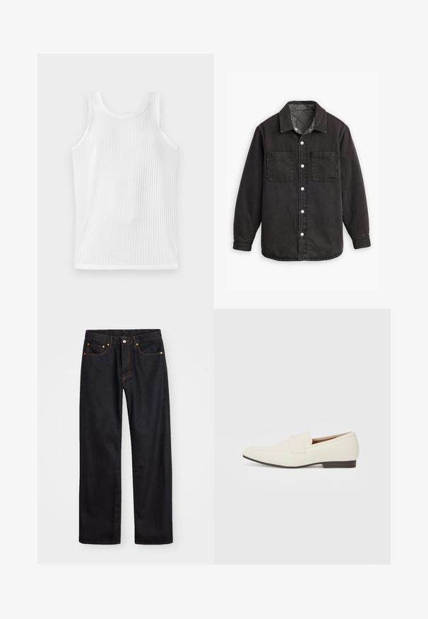 Czarna koszula dżinsowa z karo wzorzystą podszewką, dwoma kieszeniami na piersi i srebrnymi zapięciami na guziki. Posiada klasyczny kołnierz i długie rękawy.; Biała, prążkowana bluzka na ramiączkach z okrągłym dekoltem, bez rękawów i dopasowanym krojem. Tkanina ma subtelny, pionowy wzór.; Męskie jeansy w prostym kroju, czarne, z pięcioma kieszeniami oraz pomarańczowymi strefami, z zapięciem na guzik i zamek z przodu w pasie.; Jasne beżowe mokasyny z wąskim noskiem, gładkim materiałem, paskiem na wierzchu stopy oraz niską brązową podeszwą. Prosty design z minimalnymi akcentami.