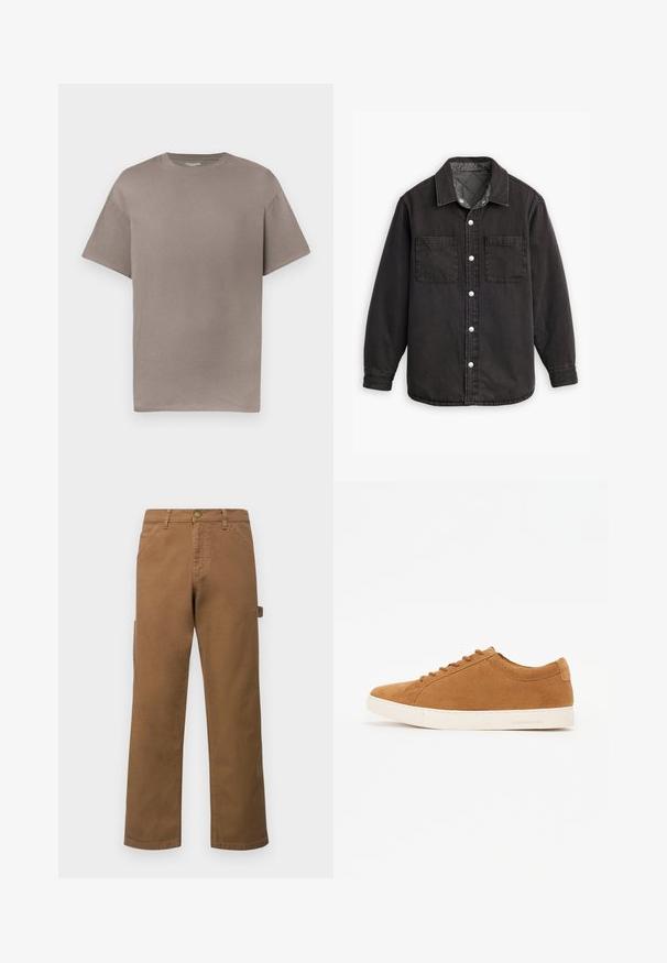 Schwarzes Jeanshemd mit kariertem Innenfutter, zwei Brusttaschen und silbernen Knopfverschlüssen. Besitzt einen klassischen Kragen und lange Ärmel.; Lässiges, weit geschnittenes Kurzarm-T-Shirt mit Rundhalsausschnitt in gedämpftem Taubenton, auf weißem Hintergrund präsentiert.; Braune Baumwoll-Cargohosen mit geraden Beinen, versehen mit Seitentaschen und einem Metallknopfverschluss an der Taille. Glatte Textur und lässiges Design.; Braune Wildleder-Sneaker mit einem Low-Top-Design, weißer Gummisohle und runder Zehenpartie. Verfügt über passende Schnürsenkel und eine minimalistische Markenbezeichnung an der Ferse.