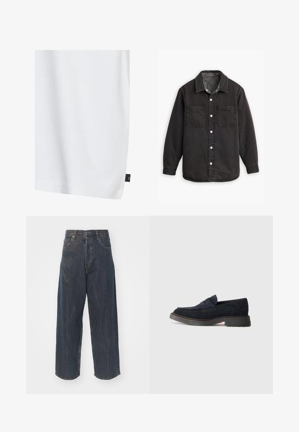 Zwarte denim shirt met een geblokte binnenvoering, twee borstzakken en zilveren knoopsluitingen. Beschikt over een klassieke kraag en lange mouwen.; Witte katoenen t-shirt met een zachte textuur, relaxte pasvorm en een klein zwart label op de onderste zijnaad. Geen zichtbare patronen.; Brede donkerblauwe denim jeans met subtiele verwering, vijf zakken en een klassieke knoop- en ritssluiting in de taille.; Navyblauwe suede instappers met een ronde neus, decoratieve stiksel en een rubberen zool met een lichte verhoging. Duurzaam materiaal en ontwerp.