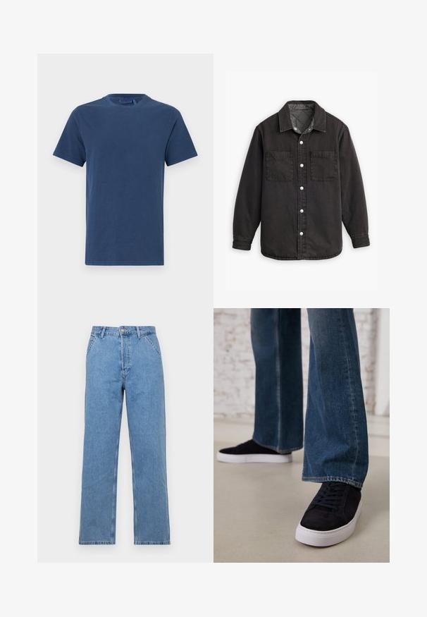 Schwarzes Jeanshemd mit kariertem Innenfutter, zwei Brusttaschen und silbernen Knopfverschlüssen. Besitzt einen klassischen Kragen und lange Ärmel.; Dunkelblaue Baumwoll-T-Shirt mit Rundhalsausschnitt, kurzen Ärmeln und geradem Schnitt. Glatte Textur, keine sichtbaren Muster oder Verzierungen.; Helle blaue Denim-Jeans mit geradem Bein und klassischem Fünf-Taschen-Design, ausgestattet mit einem vorderen Knopfverschluss und Gürtelschlaufen. Glatte Textur.; Dunkelblaue Wildleder-Sneaker mit einer weißen Gummisohle und Schnürsenkeln, kombiniert mit weit geschnittenen Jeans in einem mittelblauen Waschung.