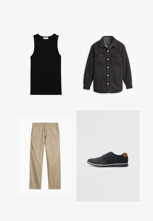 Zwarte denim shirt met een geblokte binnenvoering, twee borstzakken en zilveren knoopsluitingen. Beschikt over een klassieke kraag en lange mouwen.; Zwarte geribde tanktop met mouwloos ontwerp, ronde halslijn en een gladde textuur. Etiket leest "PIER ONE" nabij de hals.; Beige rechte pijpen chinos met riemlussen, voorkant met knoop en rits sluiting, en schuine voorzakken.; Zwarte synthetische schoenen met een gestructureerde bovenkant, gladde accenten, bruine hak en een contrasterende zool. Bevat minimale veters en stikdetails.