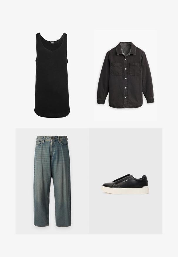 Schwarzes Jeanshemd mit kariertem Innenfutter, zwei Brusttaschen und silbernen Knopfverschlüssen. Besitzt einen klassischen Kragen und lange Ärmel.; Schwarzes Tanktop aus leichtem Stoff mit rundem Ausschnitt und ärmellosem Design. Verfügt über einen geraden Saum und minimale Nähdetails.; Helle blaue Denim-Jeans mit lockerer Passform, mittelhoher Taille und geraden Beinen. Hat fünf Taschen, Gürtelschlaufen und einen Knopfverschluss.; Schwarzer Schlupfschuh aus strukturiertem Lederobermaterial, mit weißer Gummisohle und ohne sichtbare Schnürsenkel. Mit Markenlogo an der Seite.