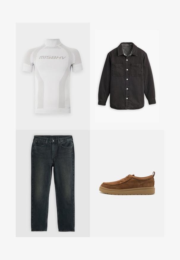 Černá denimová košile s kostkovanou podšívkou, dvěma náprsními kapsami a stříbrnými knoflíky. Má klasický límec a dlouhé rukávy.; Bílé sportovní tričko s krátkým rukávem, vysokým krkem a jemnými vertikálními pruhy. Na přední straně se nachází logo "MISBHV" v světle šedé barvě.; Černé džíny z denimu se rovnou nohavicí, s pěti kapsami a jemnými detaily blednutí. Mají zapínání na knoflík a zip.; Hnědé semišové tenisky s kulatou špičkou, minimalistickým šněrováním, polstrovaným límcem a gumovou podrážkou. Obsahují smyčku na patě pro snadné obouvání.