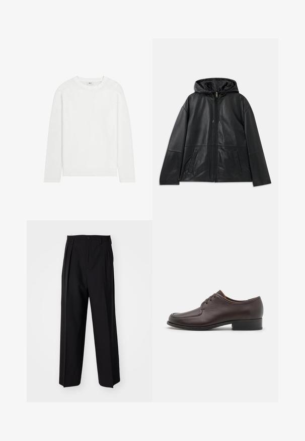 Sort læderjakke med lynlås og hætte samt to forlommer, præsenteret fladt mod en hvid baggrund.; Langærmet hvid bomulds T-shirt med runde halsudskæring, lige kant og et minimalistisk design. Glat tekstur, uden mønstre eller accenter.; Sorte plisserede bukser med et lige, bred ben-design. Fremstillet af glat stof, med en knaplukning og bæltesløjfer.; Brune lædersko til mænd med en glat overflade, rund tå og lukket snørebåndsdesign. Har en lav, stablet hæl og diskrete syninger.