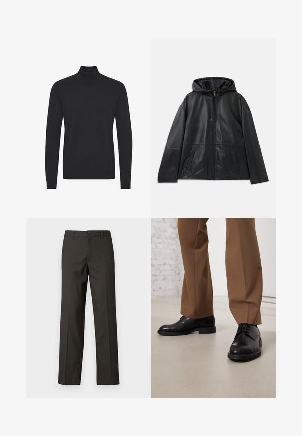 Czarna skórzana kurtka zapinana na zamek z kapturem i dwoma kieszeniami z przodu, wyeksponowana płasko na białym tle.; Czarny sweter z golfem wykonany z gładkiego materiału, z długimi rękawami oraz prążkowanymi mankietami i dołem. Prosty, nieozdobiony design.; Ciemnobrązowe spodnie wykonane z gładkiego materiału, z prostą nogawką, przednimi kieszeniami oraz zapięciem na guzik w pasie.; Czarne skórzane buty z gładką powierzchnią i okrągłym czubkiem, z sznurowanym zapięciem i niską, płaską podeszwą. W połączeniu z brązowymi spodniami.