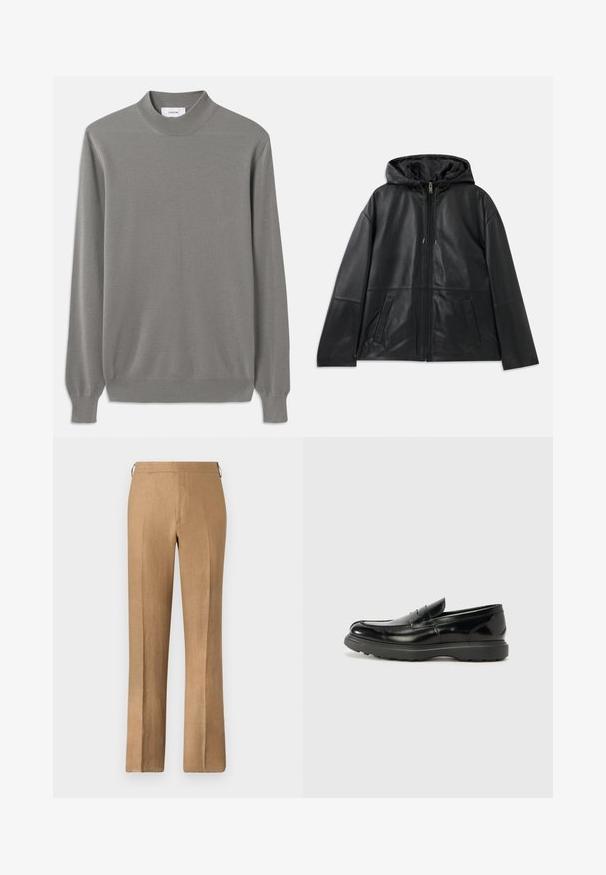 Črna usnjena jakna na zip s kapuco in dvema sprednjima žepoma, prikazana na ravni beli podlagi.; Siv pulover iz pletene tkanine z visokim ovratnikom, dolgimi rokavi in rebrastimi manšetami. Strukturirana tkanina z nežnim vzorcem po celotnem puloverju.; Rjave lanene hlače s ravnim krojem, ki se ponašajo z gladko teksturo, skritim pasom in brez vidnih žepov.; Črne usnjene loafer čevlje z sijajno obdelavo, okroglo špico, subtilnimi šivi in debelim gumijastim podplatom za trajnost.