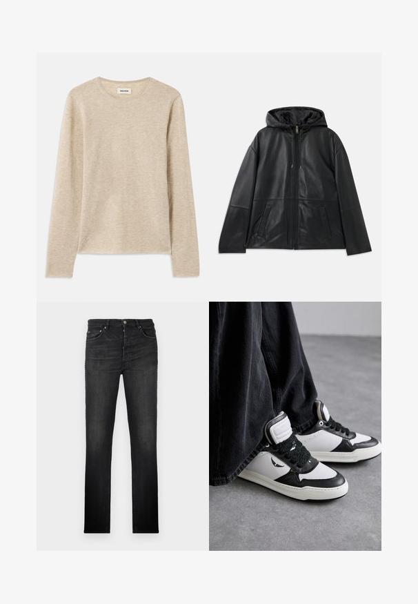 Juodas odinis užtrauktuku užsegamas džemperis su kapišonu ir dviem priekiniais kišenėmis, išdėstytas plokščiai ant balto fono.; Smėlio spalvos ilgomis rankovėmis marškiniai, pagaminti iš minkštos medžiagos, su apvaliu iškirpimu ir subtiliu siuvinėjimu apatiniame kairiajame kampe.; Juodi džinsai su tiesiu kojų dizainu, penkiomis kišenėmis ir metaliniais priedais; lygus tekstūros paviršius ir minimalūs šviesinimo elementai.; Juodos ir baltos aukštos sportinės bateliai su tekstūruotais juodais raišteliais, pagaminti iš odos ir sintetinių medžiagų, su logotipu šone.