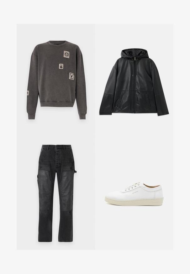 Black leather zip-up jacket with hood and two front slit pockets, displayed flat on a white background.; Gray sweatshirt made of cotton blend, featuring a crew neck, long sleeves, and decorative embroidered postage stamp appliqués.; Black denim trousers with contrasting black leather panel accents, straight leg design, and subtle distressed detailing on the fabric.; White leather sneaker with a textured finish, round toe, beige rubber sole, and six grey lace eyelets, featuring subtle branding on the side.