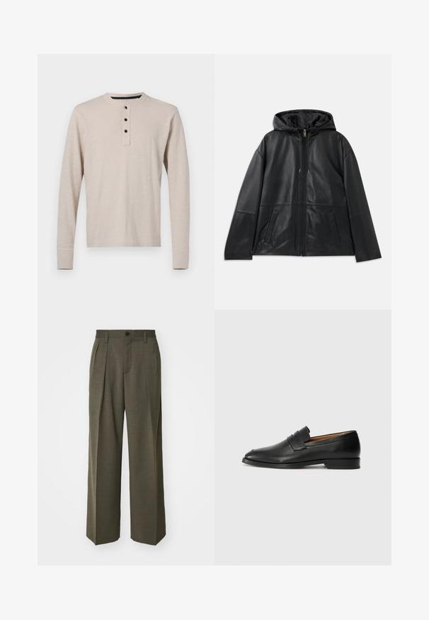 Black leather zip-up jacket with hood and two front slit pockets, displayed flat on a white background.; Long-sleeve henley shirt in light beige, made of soft fabric. Features a round neckline and three black buttons along the placket.; Filippa K WIDE TROUSERS - Trousers - driftwood; Black leather loafer with a rounded toe, subtle stitched detailing, and a low heel, featuring a smooth texture and minimalist design.