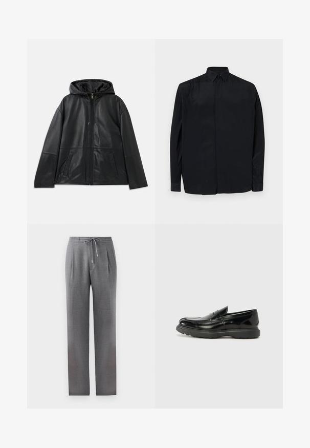 Schwarze Lederjacke mit Reißverschluss und Kapuze, mit zwei vorderen Schlitztaschen, flach auf einem weißen Hintergrund präsentiert.; Schwarz langärmliges Shirt aus glattem Stoff, mit klassischem Kragen, Knopfleiste und lässiger Passform mit eingefassten Ärmeln.; Graue, maßgeschneiderte Hose mit Kordelzug, Falten und geradem Bein. Der Stoff hat eine glatte Textur mit einem subtilen Muster.; Schwarze Lederloafer mit glanzendem Finish, abgerundetem Zehenbereich, subtilen Steppnähten und einer dicken Gummisohle für Langlebigkeit.