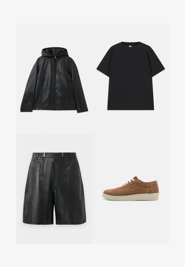 Fekete bőr zipzáras dzseki kapucnival és két elülső zsebével, fehér háttérre fektetve.; Fekete, rövid ujjú pamut póló, kerek nyakkivágással és egy kis logórészlettel az alján. Sima textúra, normál szabás.; Fekete műbőr shorts két elülső függőleges cipzáras zsebbel és övhurkokkal, fehér háttér előtt bemutatva.; Barna velúr sneaker fehér fűzőkkel, kerek orral és texturált gumitalppal. A talp széle mentén varrott díszítéssel rendelkezik.