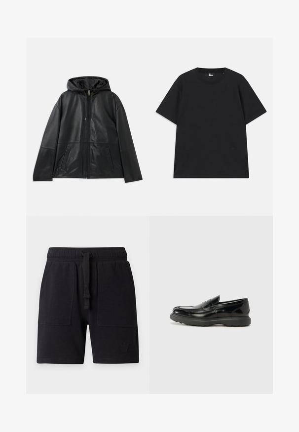 Crna kožna jakna na zip s kapuljačom i dva prednja rascjepa, prikazana ravno na bijeloj pozadini.; Crna kratkotrajna majica s kratkim rukavima od pamuka, s okruglim izrezom i malim logotipom blizu rubova. Glatka tekstura, klasičan kroj.; Crne kratke hlače od mješavine pamuka, s elastičnim pojasom na vezanje, dva bočna džepa i malim logotipom.; Crne kožne mokasine s sjajnom završnom obradom, okruglim vrhom, suptilnim detaljima šivanja i debelim gumenim đonom za izdržljivost.