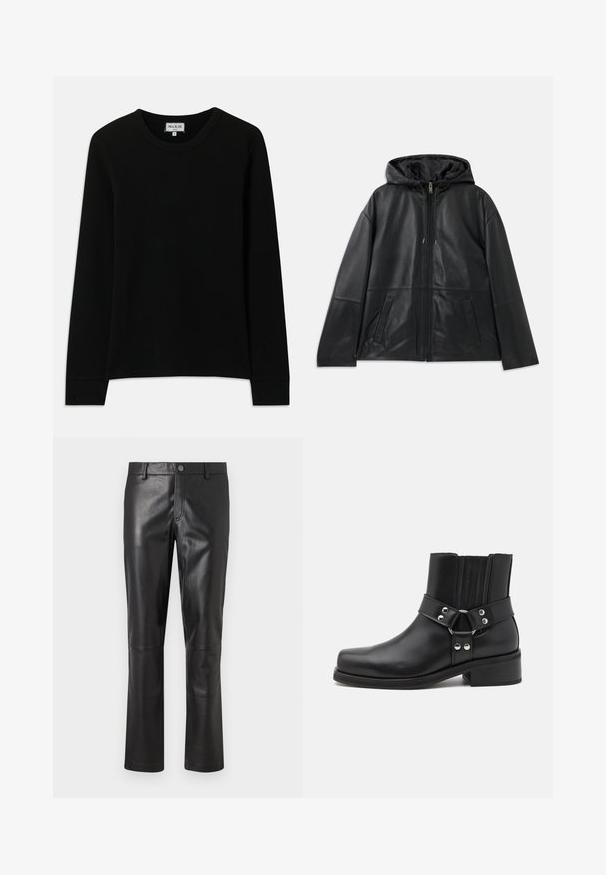 Black leather zip-up jacket with hood and two front slit pockets, displayed flat on a white background.; Black long-sleeve ribbed knit shirt with crew neck, labeled Paul & Joe Paris, size medium, displayed on a white background.; Black leather pants with a smooth texture, straight-leg design, and subtle stitching along the seams. Features a button closure at the waist.; The Kooples CHAUSSURES - Cowboy/biker ankle boot - black