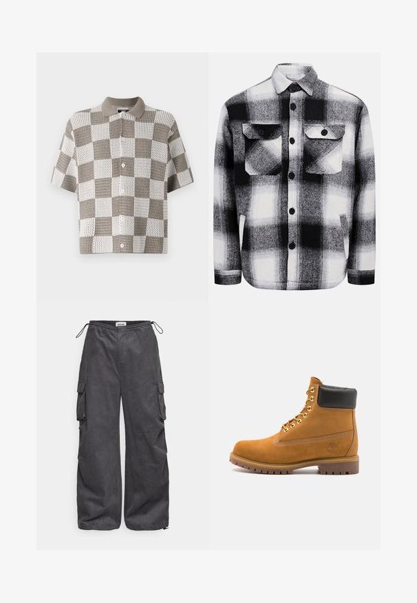 Chemise en flanelle à carreaux noir et blanc, avec deux poches avant, des boutons et une texture douce. Motif tartan classique.; Chemise à manches courtes, à boutons, avec un motif en damier brun et blanc. Fabriquée en tissu tricoté texturé avec un col.; T-shirt noir à manches courtes en coton. Présente un petit logo blanc sur la poitrine et une étiquette rectangulaire en bas à droite.; Pantalons cargo gris en tissu texturé, avec une taille élastique, un cordon de serrage et des poches latérales. Coupe ample avec des jambes larges.; Bottine en daim beige avec un col rembourré noir, œillets en métal doré, détails de surpiqûres blanches et semelle en caoutchouc robuste avec des crampons prononcés.