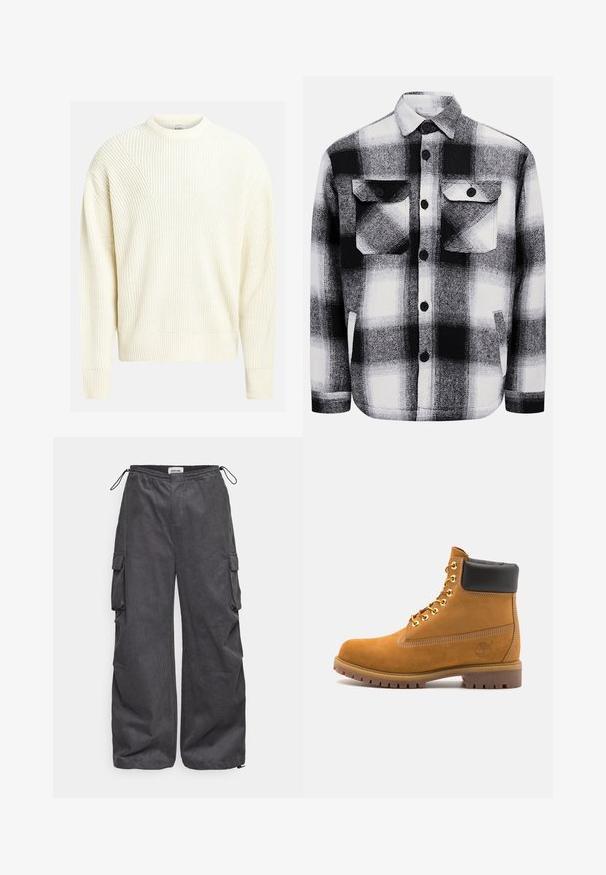Chemise en flanelle à carreaux noir et blanc, avec deux poches avant, des boutons et une texture douce. Motif tartan classique.; Pull en tricot crème clair avec une texture côtelée, un col rond et des épaules tombantes ; il présente une coupe décontractée et une couleur unie.; T-shirt noir à manches courtes en coton. Présente un petit logo blanc sur la poitrine et une étiquette rectangulaire en bas à droite.; Pantalons cargo gris en tissu texturé, avec une taille élastique, un cordon de serrage et des poches latérales. Coupe ample avec des jambes larges.; Bottine en daim beige avec un col rembourré noir, œillets en métal doré, détails de surpiqûres blanches et semelle en caoutchouc robuste avec des crampons prononcés.