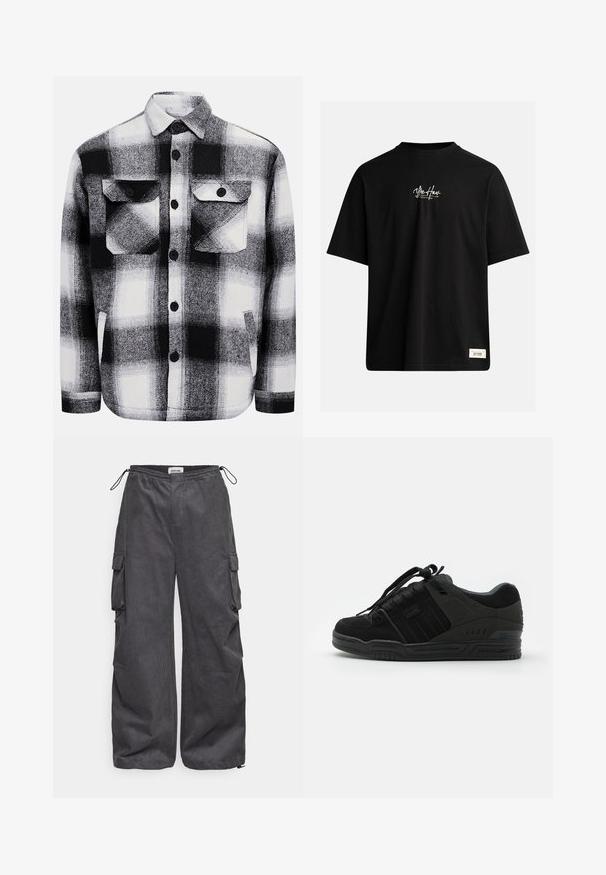 Melnbalts pārbaudīts flaneles krekls, kas aprīkots ar divām priekšējām kabatām, pogu aizdari un mīkstu tekstūru. Klasiska auduma raksts.; Melnā īsām piedurknēm T-kreklā, izgatavots no kokvilnas. Iezīmēts ar mazu baltu logotipu uz krūtīm un taisnstūra etiķeti apakšējā labajā stūrī.; Pelēki kravas bikses ar teksturētu audumu, elastīgu jostu, auklu un sānu kabatu detaļām. Brīvs piegriezums ar platām kājām.; Melnas kedas ar zamša un auduma augšdaļu, kas izceļas ar teksturētām akcentiem, mīkstu apkakli, saišu sistēmu un gumijas zoli ar logotipa detaļu.