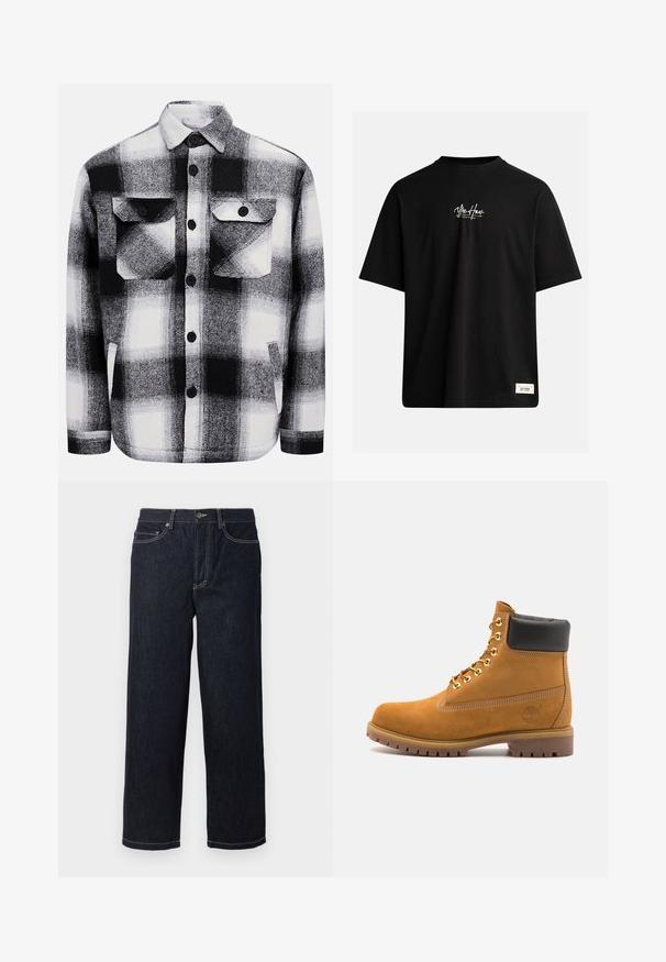 Camisa de flanela xadrez em preto e branco, com dois bolsos frontais, fechos de botão e uma textura suave. Padrão xadrez clássico.; T-shirt preto de mangas curtas feito de algodão. Apresenta um pequeno logótipo branco no peito e uma etiqueta retangular no canto inferior direito.; Jeans em denim azul-escuro de perna reta, com cinco bolsos e costura em contraste branca, fecho com botão e passantes para cinto.; Botim de tornozelo em camurça bege com colarinho acolchoado preto, ilhós de metal dourado, detalhes de costura branca e sola de borracha robusta com sulcos pronunciados.