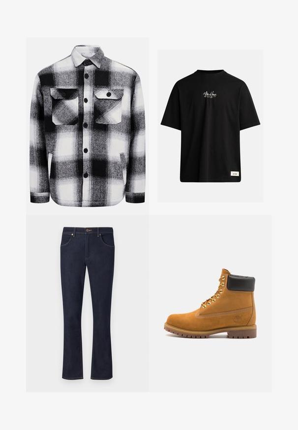 Mustra mustriline abonn tsohk, millel on kaks es Front taskut, nupplukud ja pehme tekstuur. Klassikaline ruuduline muster.; Musthave lühikeste varrukatega must t-särk, mis on valmistatud puuvillast. Rinnas on väike valge logo ja paremas alumises servas on ristkülikukujuline silt.; Tumesinine flared teksapüksid, millel on kaks eesmist taskut ja nööpidega sulgur. Omab kontrastset õmblusdetaili õmbluste mööda.; Küpset tan suede sääreboot musta pehmea kraega, kuldsed metallist silmad, valge õmblemise detailid ja robustne kummist tallaga, millel on väljendunud mustrid.