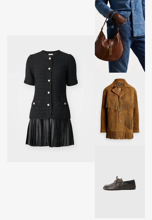 Pruunimeelne sametjakk, millel on silmapaistvad frantsiidi detailid rinnal ja taskutes, ning millel on sälguga krae ja kahe nupuga kinnitamine.; sandro ISABEL - Päevakleit - black; Must mustaa nahast paadisandaalid pruunide õmblustega, nööridega disain ja metallist silmad. Tasane tald ümmarguse varbaga ja sileviimistlus.; Pruun nahast hobo kott ümmarguse kujuga, millel on kuldne metallist detail ja kontrastne õmblus. Koos teksapitsi ja teksastega.