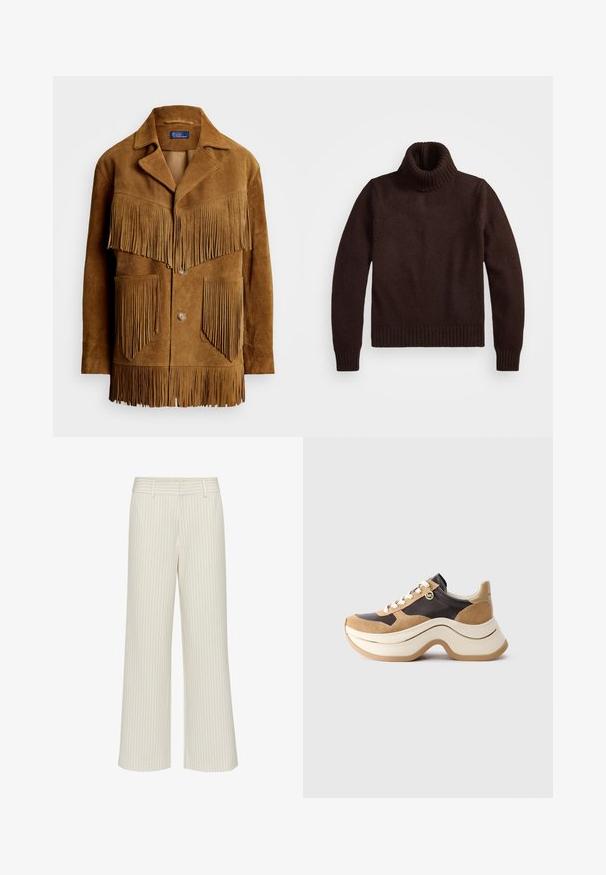 Rjava suede jakna z izrazitimi resicami na prsih in žepih, z zareznim ovratnikom in zapiranjem na dva gumba.; Rjav, debel pleten jopič s turtlenečkom z rebrastim ovratnikom in robom. Ima dolge rokave in sproščen kroj ter je izdelan iz mehke tekstilne snovi.; Hlače širokega kroja iz kremastega blaga s subtilnimi navpičnimi črtami, z ravnim pasom in zankami za pas. Gladka tekstura brez žepov.; Teniske z debelim podplatom v bež in temno rjavi barvi s sue šnitami, belimi vezalkami in majhnim zlatim MK obeskom na strani.