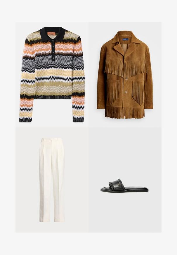 Brązowa kurtka z zamszu z wyraźnymi frędzlami na klatce piersiowej i kieszeniach, z kołnierzem z wcięciem i zapięciem na dwa guziki.; Sweter polo z dzianiny w wielokolorowy wzór zygzaków, z czarnym kołnierzykiem i listwą na guziki. Miękka faktura, długie rękawy i ściągacze przy mankietach.; Polo Ralph Lauren - Spodnie materiałowe; Czarna skórzana sandał z plecionym paskiem, płaską podeszwą i eleganckim wzornictwem. Gładka tekstura i minimalistyczny profil.