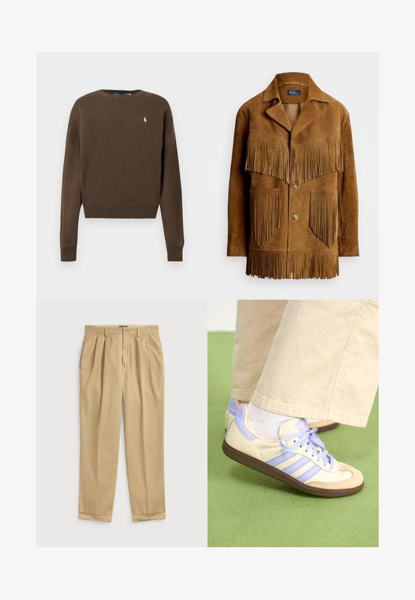 Giacca in suede marrone con dettagli in frange evidenti su petto e tasche, dotata di colletto a pistagna e chiusura a due bottoni.; Felpa di cotone marrone con collo rotondo, maniche lunghe, polsini a costine e piccolo logo ricamato sul petto a sinistra. Texture liscia.; Pantaloni di cotone beige chiaro con una vestibilità rilassata, caratterizzati da pinces frontali, tasche laterali e orlo con risvolto.; Sneakers crema e lavanda con tre strisce e suola marrone texturizzata, dotati di lacci e tallone imbottito. Parte superiore in tessuto morbido.