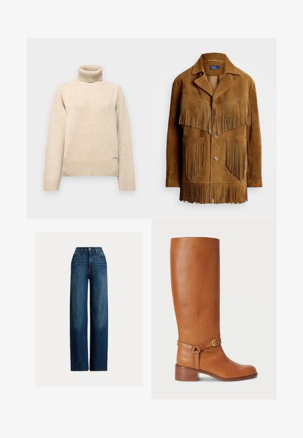 Barna velúr dzseki hangsúlyos rojtos részletekkel a mellen és a zsebeknél, kihajtott gallérral és két gombos záródással.; Beige garbónyakú pulóver puha kötött anyagból készült. Bordás mandzsettákkal és alján egy diszkrét márkalogóval rendelkezik.; Sötétkék, bő szárú farmernadrág. Magas derekú, gombos záródással és klasszikus, öt zsebes dizájnnal rendelkezik. Simaság jellemzi, enyhe kopással.; Magas, barna bőrcipők sima felülettel, oldalán csatos pánttal és rétegelt sarkal. A felsőrész letisztult, díszítés nélküli dizájnnal rendelkezik.