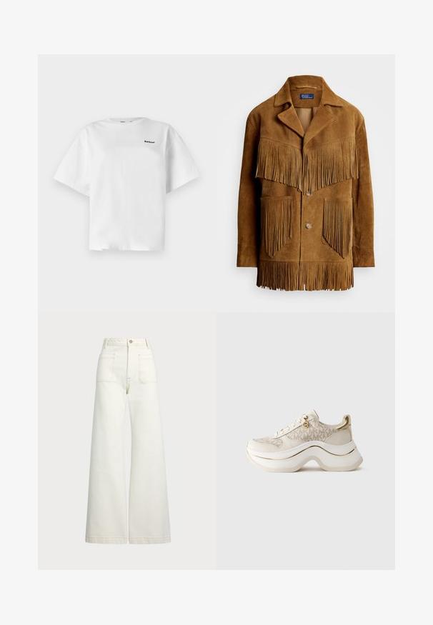 Jachetă din suede maro, cu detalii proeminente din franjuri pe piept și buzunare, cu guler decupat și închidere cu două butoane.; Tricou alb din bumbac, cu maneci scurte, având o croială relaxată și un logo negru "Barbour" pe partea stângă a frontal.; Jeans cu picioare late din denim alb-crem. Design cu talie înaltă, cu închidere prin nasture, două buzunare frontale și detalii cu cusături contrastante.; Sneakers platform bej și aurii cu model "MK", cu șireturi în față, farmec auriu și talpă groasă ondulată, pe un fundal simplu.