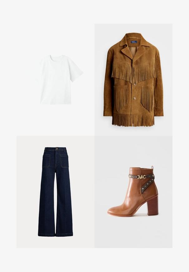 Chaqueta de ante marrón con detalles de flecos prominentes en el pecho y los bolsillos, con un cuello con muesca y cierre de dos botones.; Camiseta blanca de manga corta, cuello redondo, fabricada en algodón suave, con un corte relajado y sin adornos ni patrones.; Jeans de mezclilla oscura de pierna ancha con cintura alta, diseño de cinco bolsillos y costuras en contraste. Presenta un cierre de botón y una forma estructurada.; Botín de piel marrón con tacón de bloque apilado, correa lateral con remaches dorados y un hebilla con el logo "MK" en dorado.