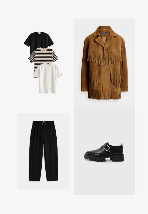 Giacca in suede marrone con dettagli in frange evidenti su petto e tasche, dotata di colletto a pistagna e chiusura a due bottoni.; Tre T-shirt: una nera, una bianca e una a righe in nero e beige. Tutte presentano maniche corte e collo rotondo, realizzate in un tessuto morbido.; Pantaloni neri a vita alta con cintura in vita, pieghe frontali e design a gamba larga. Realizzati in tessuto liscio con un taglio classico.; Scarpe in pelle nera con suola spessa e rigata, dotate di un accento in metallo argentato a forma circolare e dettagli di cucitura minimal.