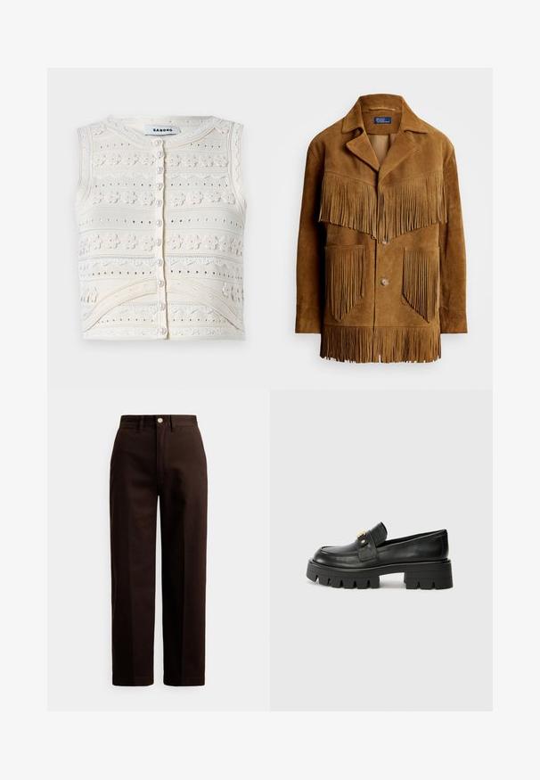 Bruine suede jas met opvallende franjes op de borst en zakken, met een geknipt kraag en een sluiting met twee knopen.; Mouwloze crèmekleurige gebreide top met bloembroderie, gestructureerde patronen, parelknoopsluiting en kantdetail. Ronde halslijn.; Donkerbruine, rechte broek met knoop- en ritssluiting, riemlussen en steekzakken aan de voorkant tegen een witte achtergrond.; Zwarte leren instappers met een chunky zool, met een goudkleurige accent aan de voorkant en een gladde afwerking. Chunky profielontwerp op de zool.