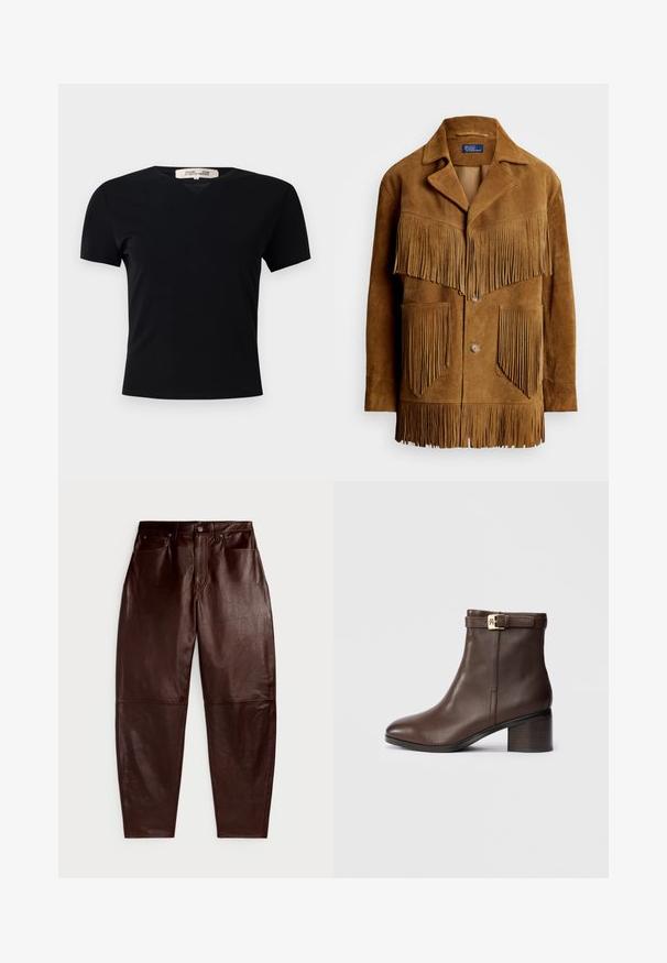 Brown suede jacket featuring prominent fringe details on the chest and pockets, with a notched collar and two-button closure.; Black short-sleeve t-shirt with a V-neck design, made of a smooth, stretchy fabric. Features a simple, classic silhouette without embellishments.; Polo Ralph Lauren CURVED TAPERED LEATHER PANT - Leather trousers - mahogany; Brown leather ankle boot with a rounded toe, low block heel, and a decorative buckle strap at the ankle. Smooth texture and sleek design.