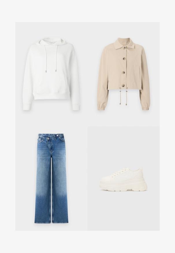 Beige cropped dzseki, galléros nyakkal, nagy elülső gombokkal, elasztikus mandzsettákkal és húzózsinóros aljjal. Oldal zsebekkel rendelkezik.; Fehér kapucnis pulóver, puha anyagból készült. Elöl zsebes, fém végekkel ellátott húzózsinórral és diszkrét logó hímzéssel rendelkezik.; Világoskék, bő szárú farmernadrág, elhalványodott mosással, klasszikus öt zsebes kivitelben, fémből készült gombokkal a deréknál.; Fehér vászon sportcipő vastag talppal, lekerekített orral és öt fűzőlyukkal. Hátulján egy fül a könnyű felvétel érdekében. Simára kidolgozott textúra, minimális dizájn.