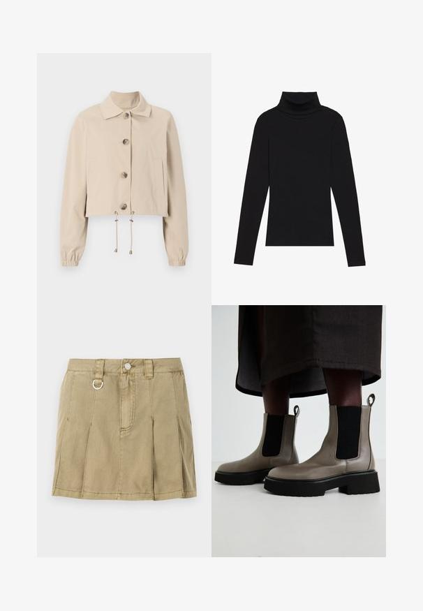 Bežs saīsinātais žakets ar apkakles izgriezumu, lielām priekšējām pogām, elastīgām aprocēm un regulējamu apakšmalu. Iespējotas sānu kabatas.; Melnā turtlenecka garām piedurknēm augšdaļa, izgatavota no ribotas auduma, ar pieguļošu piegriezumu, augstu kakla izgriezumu un bez rakstiem vai akcentiem.; Gai olīvu zaļš džinsu svārki ar četriem naža krokām, priekšējo pogu aizdari un metāla cilpas akcentu uz jostasvietas.; Pelēki potītes zābaki, kas izgatavoti no teksturētas ādas, ar elastīgām sānu paneļām un masīvu melnu zoli. Ar vilkšanas cilpām vieglai uzvilkšanai.