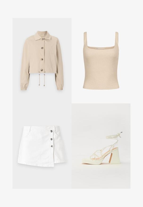 Bežna skrčena jakna z ovratnikom, velikimi sprednjimi gumbi, elastičnimi manšeti in obrobom z vrvico. Ima stranske žepe.; Bež ribbed majica brez rokavov s kvadratnim izrezom in tankimi naramnicami, z oprijetim krojem in mehko teksturo. Očitna oznaka blagovne znamke.; Bela denim mini krilo s ravnim krojem, ki ima stransko zapiranje na štiri kovinske gumbe ter subtilno zvito rob.; Bela sandala na visokih petah s debelim petam, ki ima obliko trakcev in vezanje okoli gležnja. Gladka tekstura z platformo spredaj za dodatno višino.