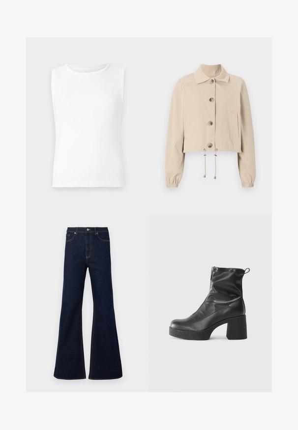 Beige cropped jacket with a collared neckline, large front buttons, elasticized cuffs, and drawstring hem. Features side pockets.; White sleeveless t-shirt made of cotton, featuring a round neckline and a smooth, soft texture. Straight cut hem with no additional details.; Dark blue flared denim jeans featuring a high waist, front pockets, and golden stitching accents. Smooth texture with a traditional cut.; Black ankle boots made of smooth leather, featuring a side zipper, chunky textured heel, and rounded toe design.