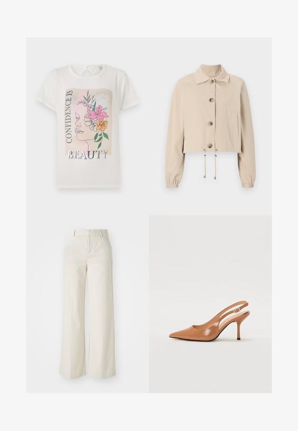 Bežová skrátená bunda s golierom, veľkými prednými gombíkmi, elastickými manžetami a sťahovacím lemom. Obsahuje bočné vrecká.; Biela tričko s grafickým dizajnom tváre ozdobenej kvetmi a textom "SEBAISTOTA JE KRÁSA." Krátke rukávy, okrúhly výstrih.; Široké nohavice svetlej béžovej farby, vyrobené z hladkej textílie. Majú klasický pás a rovný predok s čistými líniami.; Sandal s úzkym podpätkom a špicatou špičkou v hladkej lesklej hnedej materiáli. Obsahuje zakrivený výrez a štíhly ihlový podpätok. Strieborný prackový detail.