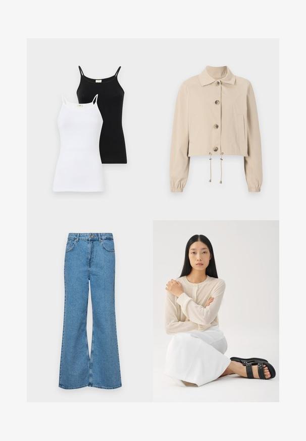 Beige lühikeste varrukatega jakk, millel on krae, suured eesolevad nööbid, elastsed mansetid ja nööriga ääre. Omab küljetaskuid.; Kaks musta ja valget spagettirihmadega t-särki, väljatõmbunud disainiga, valmistatud siledast puuvillast kangast.; Heledad sinine flared teksade rõivad, millel on kõrge talje, viis taskut ja üks nupulukk. Pehme tekstuur ja pleekinud viimistlus.; Heledbež kattega pikkade varrukatega nupuga särk, millele on paigutatud valge seelik; mudel kannab musti rihmaga sandaale ja istub käed risti.