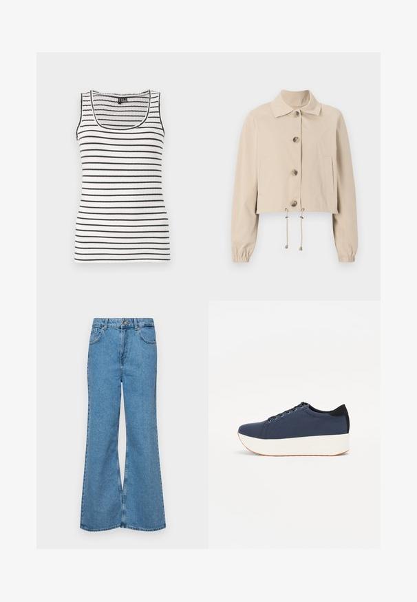 Beige cropped dzseki, galléros nyakkal, nagy elülső gombokkal, elasztikus mandzsettákkal és húzózsinóros aljjal. Oldal zsebekkel rendelkezik.; Csíkos, fekete és fehér, bordázott ujjatlan felső. Mély V kivágással és vékony pántokkal rendelkezik. Puha, rugalmas anyagból készült.; Világoskék, trapézszárú farmernadrág, magas derékkal, öt zsebbel és egy gombos záródással. Puha tapintású, magasított effektusú anyag.; Sötétkék sportcipő, texturált szövet felsőrész, fehér platform talp, lekerekített orr és fekete sarok akcentussal. Hat fűzőlyuk található rajta.