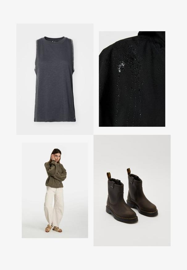 Chaqueta negra impermeable con gotas de agua que se acumulan en la tela, mostrando una textura suave y características de diseño mínimas.; Camiseta sin mangas de color gris oscuro con un escote redondo, que presenta detalles en rayas blancas a lo largo de los hombros y un corte relajado.; Free People GOOD LUCK MID RISE BARREL - Vaqueros boyfriend - beige; Dr. Martens ANISTONE LO UNISEX - Botines - charcoal grey