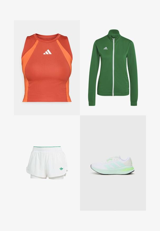 Green athletic jacket with a stand collar, full white zipper, and Adidas logo on the left chest. Made of smooth, lightweight fabric.; Orange athletic crop top made of smooth, stretchy material. Features a racerback design and white logo on the front.; White athletic shorts with a layered design, elastic waistband, green accents, and a small green logo on the lower left side.; White athletic shoe with mesh upper, lime green accents, and black sole. Features three stripes design on the side and padded collar.