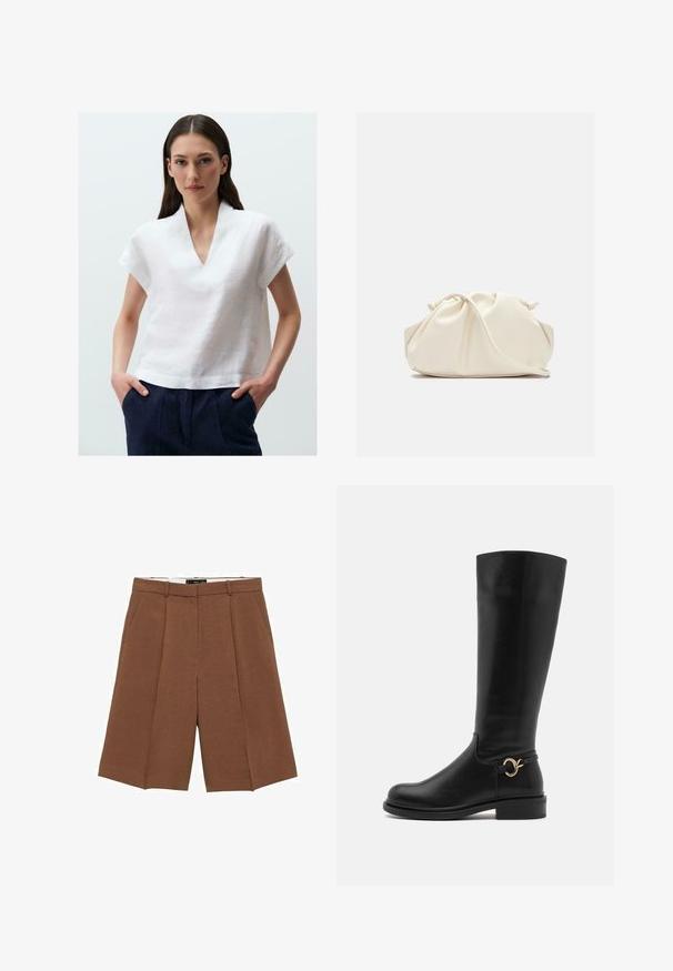 Olijfgroene jas van gestructureerde stof, met een ritsluiting, twee voorzakken en een brede kraag. Draagt over een marineblauw top.; Witte linnen top met een V-hals en korte mouwen. De stof heeft een gestructureerde afwerking en is gecombineerd met donkerblauwe broeken.; Bruine op maat gemaakte shorts van een zachte stof, met een hoge taille, platte voorkant, twee zijzakken en een losse, brede pijpdesign.; Anna Field Wide Fit Laarzen - black; Crème-kleurige, zachte neplederen tas met een geplooid ontwerp, verstelbare schouderband en subtiele trekkoordsluiting. Gladde textuur en ronde vorm.; Gouden metalen oorbellen met een golvend kettingontwerp, voorzien van zowel gladde als gestructureerde ovale schakel en slanke, rechte haken voor bevestiging.