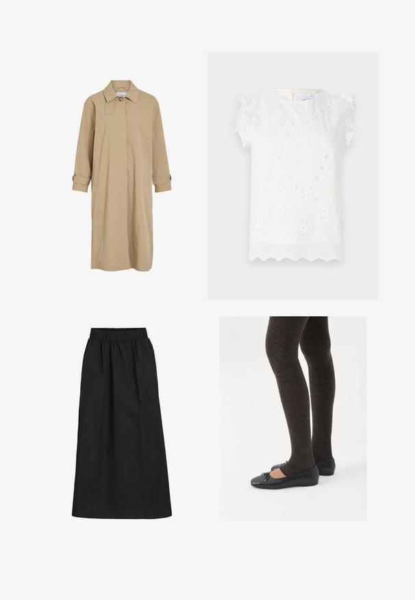 Beige lang trenchcoat med enkelt knapp i kragen, skjult frontlukking, sidelommer og knappebånd på mansjettene.; Hvit bluse med intrikate broderier, sirkulære utskjæringer og dekorative volangærmer, med en bølget kant.; Svart, kne-lengde skjørt laget av myk, lett stoff. Har strikk i livet og et enkelt, flytende design uten pynt.; Sorte flate sko med en liten sløyfedetalj på tåen, kombinert med mørkebrune ribbede strømpebukser. Skoene har en glatt overflate og lav profil.