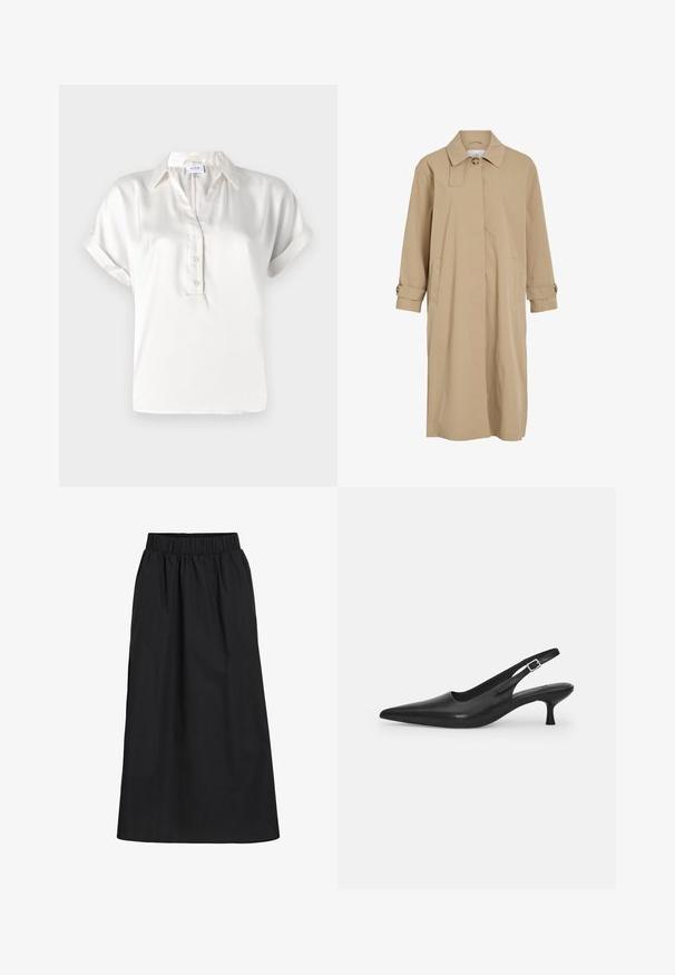 Bežinis ilgas paltas su vienu mygtuku ant apykaklės, paslėptu priekiu, šoninėmis kišenėmis ir mygtukiniais diržais ant rankovių.; Balta satino polo marškinėliai trumpomis rankovėmis su mygtukų užsegimu, standartiniu apykakle ir sukritusiais rankogaliais, pasižymintys lygiu paviršiumi ir tvarkingomis linijomis.; Juoda, iki kelių siekianti sijonas, pagamintas iš minkštos, lengvos medžiagos. Turi elastingą juosmenį ir paprastą, laisvai krentančią išvaizdą be papuošimų.; Juodos odinės slingback bateliai su smailiu nosiu ir plonu, lenktu kulnu. Yra diskretiška reguliuojama juostelė su metaliniu sagtimi.