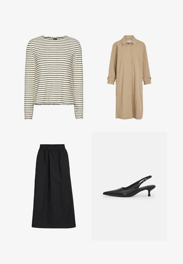 Bežinis ilgas paltas su vienu mygtuku ant apykaklės, paslėptu priekiu, šoninėmis kišenėmis ir mygtukiniais diržais ant rankovių.; Ilgųjų rankovių marškinėliai iš tekstūruotos grietinėlės spalvos medžiagos su siaurais juodais horizontaliais dryžiais, turi apvalią iškirptę ir tiesų apatinį kraštą.; Juoda, iki kelių siekianti sijonas, pagamintas iš minkštos, lengvos medžiagos. Turi elastingą juosmenį ir paprastą, laisvai krentančią išvaizdą be papuošimų.; Juodos odinės slingback bateliai su smailiu nosiu ir plonu, lenktu kulnu. Yra diskretiška reguliuojama juostelė su metaliniu sagtimi.