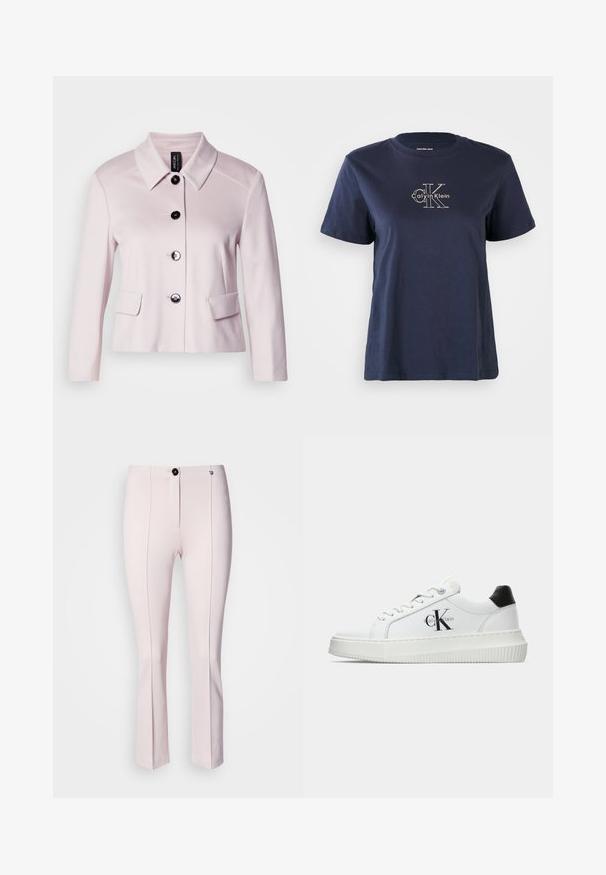 Lys rosa jakke med rund krage, sorte knapper og to frontlommer. Glatt tekstur og skreddersydd design forbedrer den strukturerte looken.; Marineblå bomull t-skjorte med korte ermer, med en liten hvit "Calvin Klein" logo på midten foran. Rund hals, avslappet passform.; Rosa skreddersydde bukser med en lett utflaring, med frontlukkning med knapp, to vertikale sømmer og glatt tekstur.; Hvite lavsko med svart hæltab, plattformsåle, snøringer og Calvin Klein "CK" logo på siden.